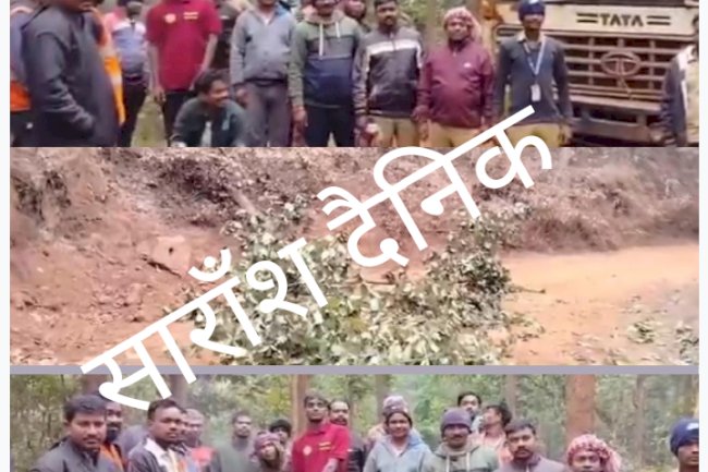 नक्सलियों द्वारा कटे पेड़ डालकर रास्ता जाम किया गया 