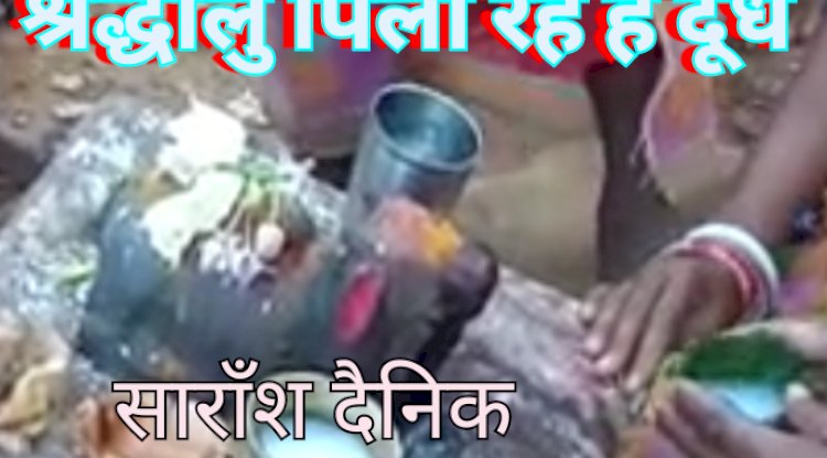 पत्थर के नंदी को दूध पिलाने उमडी़ भीड़ 