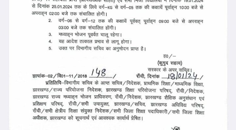 शीतलहरी को देखते हुए झारखंड में स्कूलो के लिए निर्देश जारी