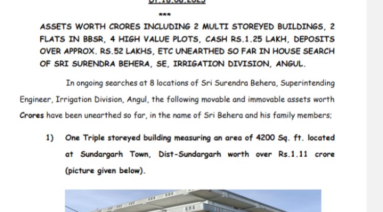 अबतक सिचाई विभाग के सुरेन्द्र बेहरा की करोडो़ की अवैध संपत्ति का खुलासा  