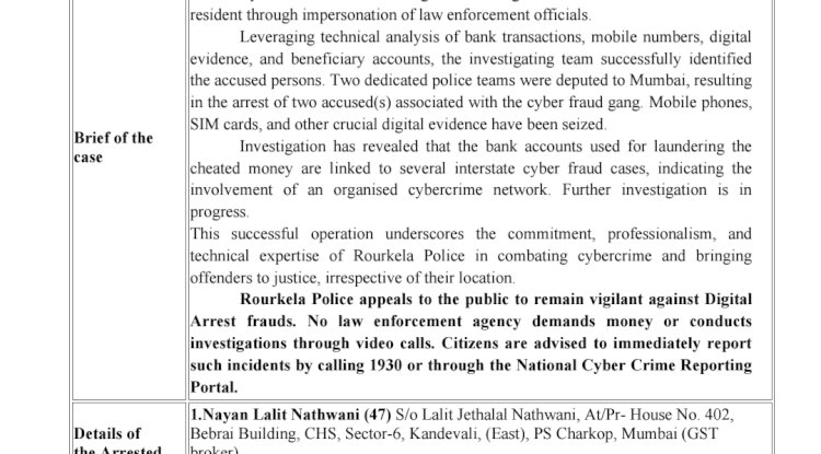 डीजिटल धोखाधड़ी मामले में राउरकेला पुलिस को मिली बड़ी सफलता