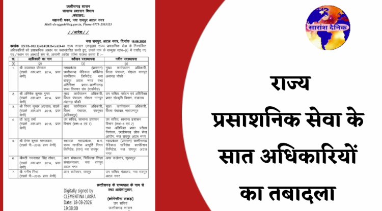 राज्य प्रशासनिक सेवा के 7 वरिष्ठ अधिकारियों का तबादला