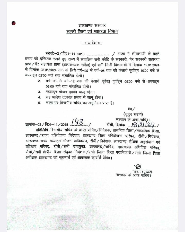 शीतलहरी को देखते हुए झारखंड में स्कूलो के लिए निर्देश जारी