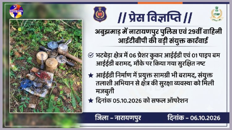 अबूझमाड़ में नारायणपुर पुलिस एवं 29वीं वाहिनी आईटीबीपी की बड़ी संयुक्त कार्रवाई